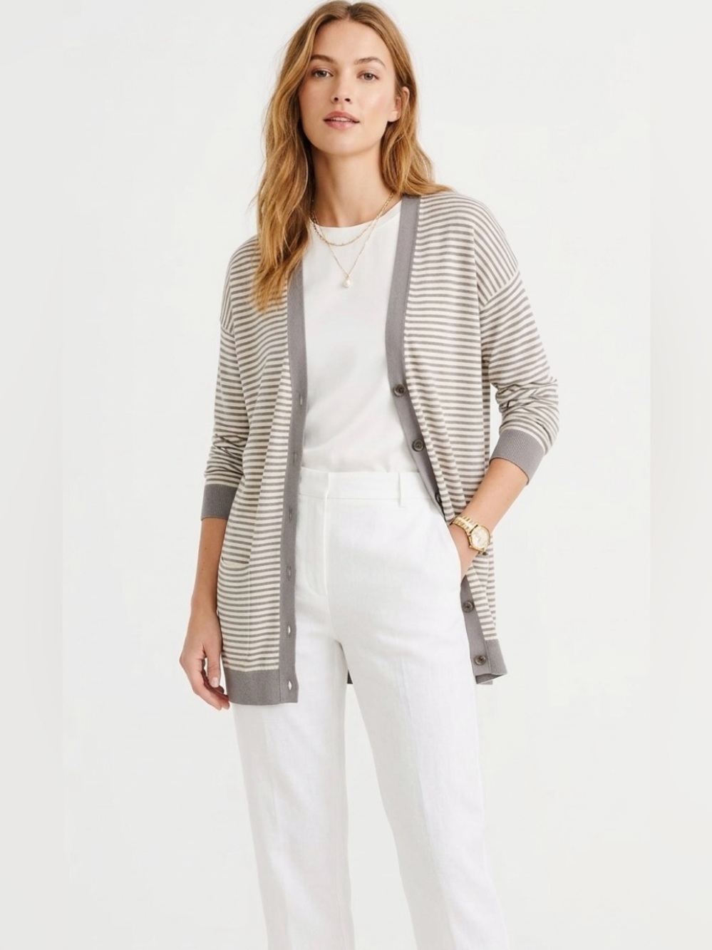 J Crew Cotton V-Neck Knit Striped Cardigan Grey And Cream Size Medium